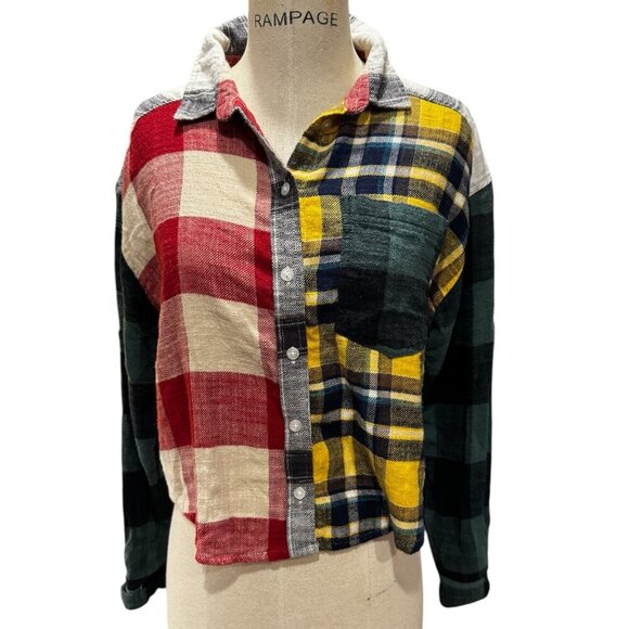 American Eagle Flannel Shirt Women’s Small Cropped Patchwork Plaid - Picture 1 of 5